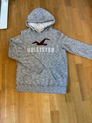 Gråmelerad Hollister hoodie - Snygg gråmelerad hoodie från Hollister med stor logga och fågeltryck på bröstet. Hoodien har huva med vita snören och en klassisk magficka. 