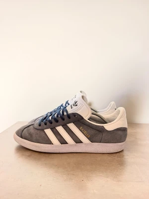 Adidas Gazelle  - Säljer ett par extremt stiliga och snygga, gråa Adidas skor i modellen Gazelle med blåa snören. Skorna har tecken på användning, men fortfarande extremt mycket kvar att ge! Storlek 42. Skorna är sprayade med både protection spray, och shoe deodorant för att hålla sig fräscha och fina, dofta gott samt undvika smuts betydligt mer.