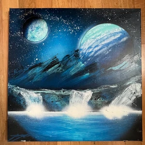 Blå galax tavla - En unik målning med vattenfall o berg i blåa färger. 