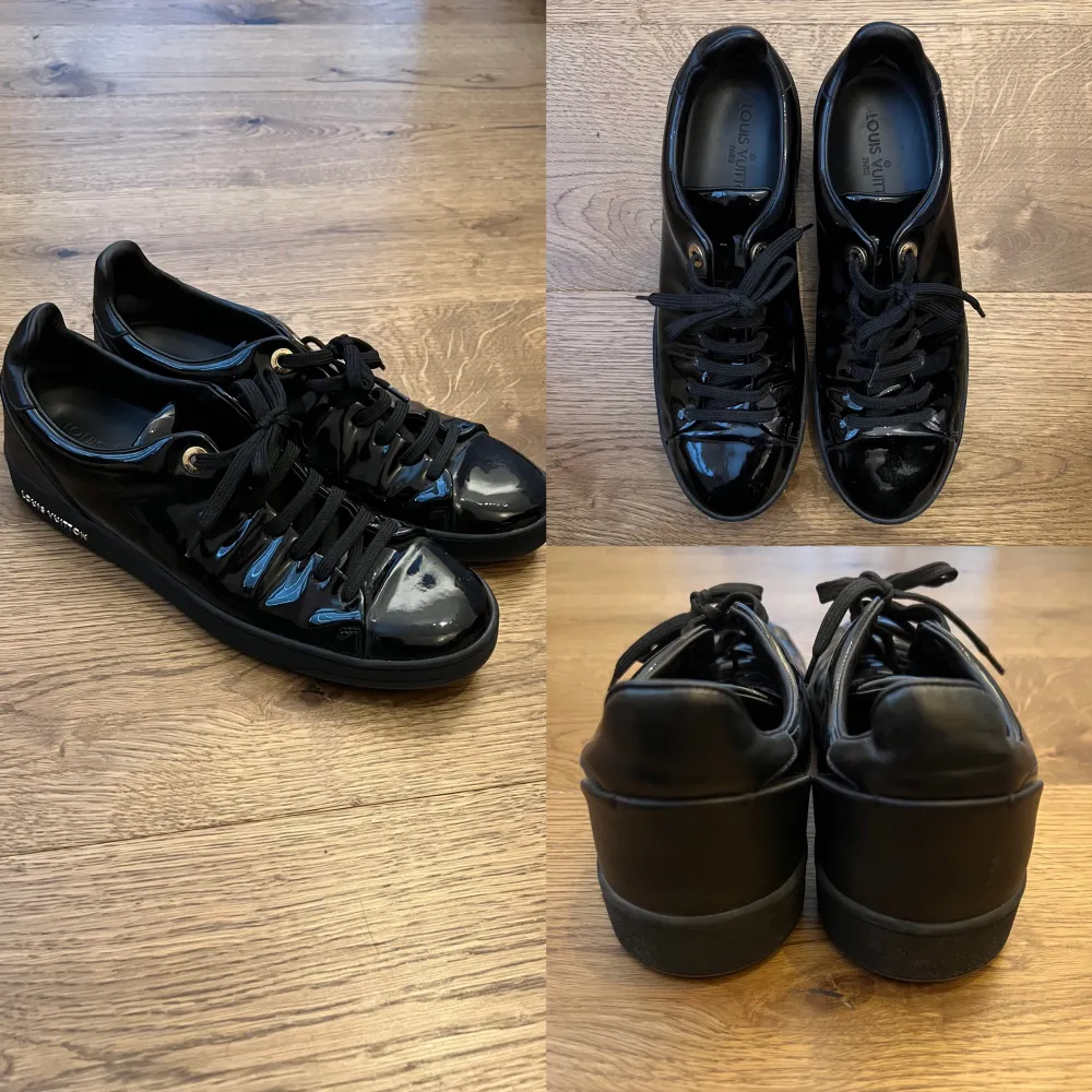 Svarta sneakers i lack från Louis Vuitton. Inköpta på Nathalie Schuterman 2015. Nypris ca 6000 kr. Sparsamt använda. I gott skick.. Skor.