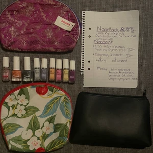 Nagellack och necessärer  - Info står på bilden. Nagellack helt nya oöppnade. Första är base coat peel off. 10:- styck, alla för 70:-. Necessärer; den från indiska har lappen kvar och är oanvänd 20:- (nypris 70:-) den blommiga är helt oanvänd också, och den svarta är lite använd men nyskick utanpå. 15:-/st för dom. Frakten beror på vikten på paketet, men det väger ej mycket alls. Annars 66:- för spårbart 