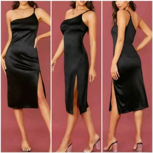 svart klänning XS/34 glansig fest slits - Helt ny svart snygg slimmad klänning. Strl: XS. One-shoulder. Stretch material. Med slits på ena sidan av benet.