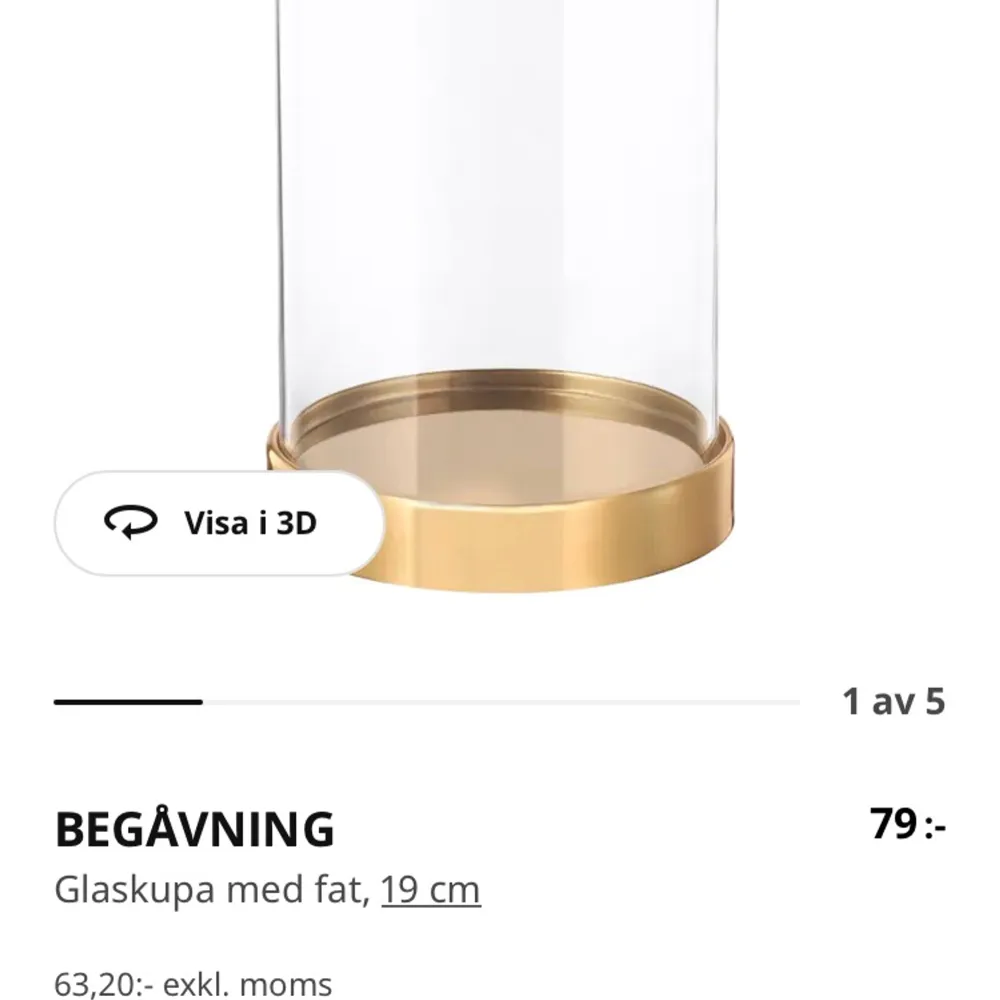 Jätte fin inrednings detalj med en guldig botten och glaskupol ovan på. Kommer ifrån Ikea, säljs pga. ändrad stil i inredning, säljer även matchande ljusstake kolla i min profil!  Köpare står för frakt. Övrigt.