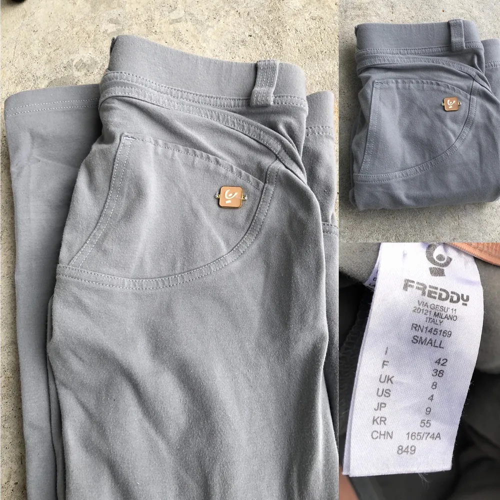 FREDDY WR.UP® Low Waist ljus grå.   Färg: Ljus grå ( upplever dem lite ljusare en på bilden, men väldigt svårt att få rätt färg) Midja: Låg  Längd: Ankel-l Märke: FREDDY. WR.UP®  Storlek: S  SHAPE EFFEKT som ger en skit snygg rumpa! Silikon rem vid midjan, superskönt.   Pris: 200 kr + frakt 51 ( spårbart)  Skick : Bra begagnat skick.   Meddela om fler bilder önskas.      🌸har flera annonser uppe på kläder/saker så samfraktar.  🌸Övrigt från rökfritt djurfritt hem. . Jeans & Byxor.