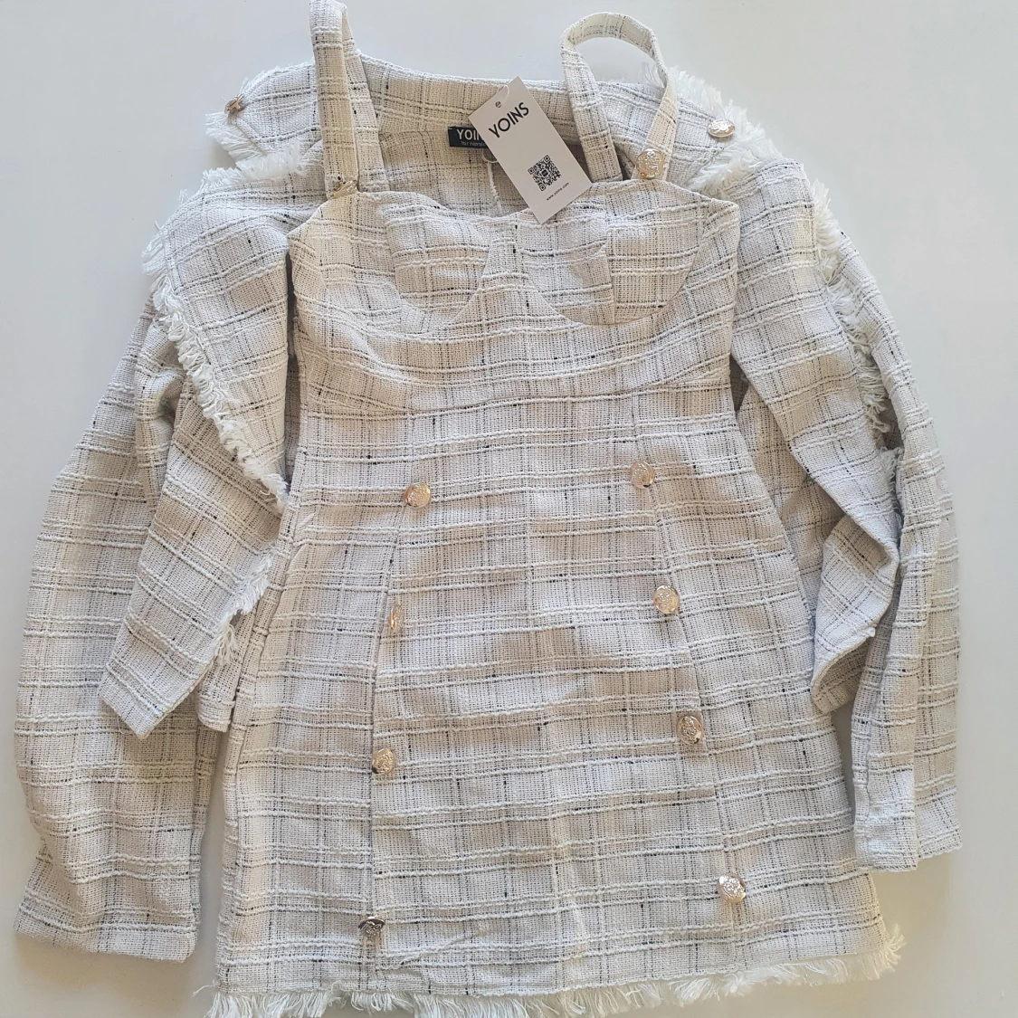 YOINS Tweed Plaid Button Design Top & Mini Dress Set, oanvänd  - 91