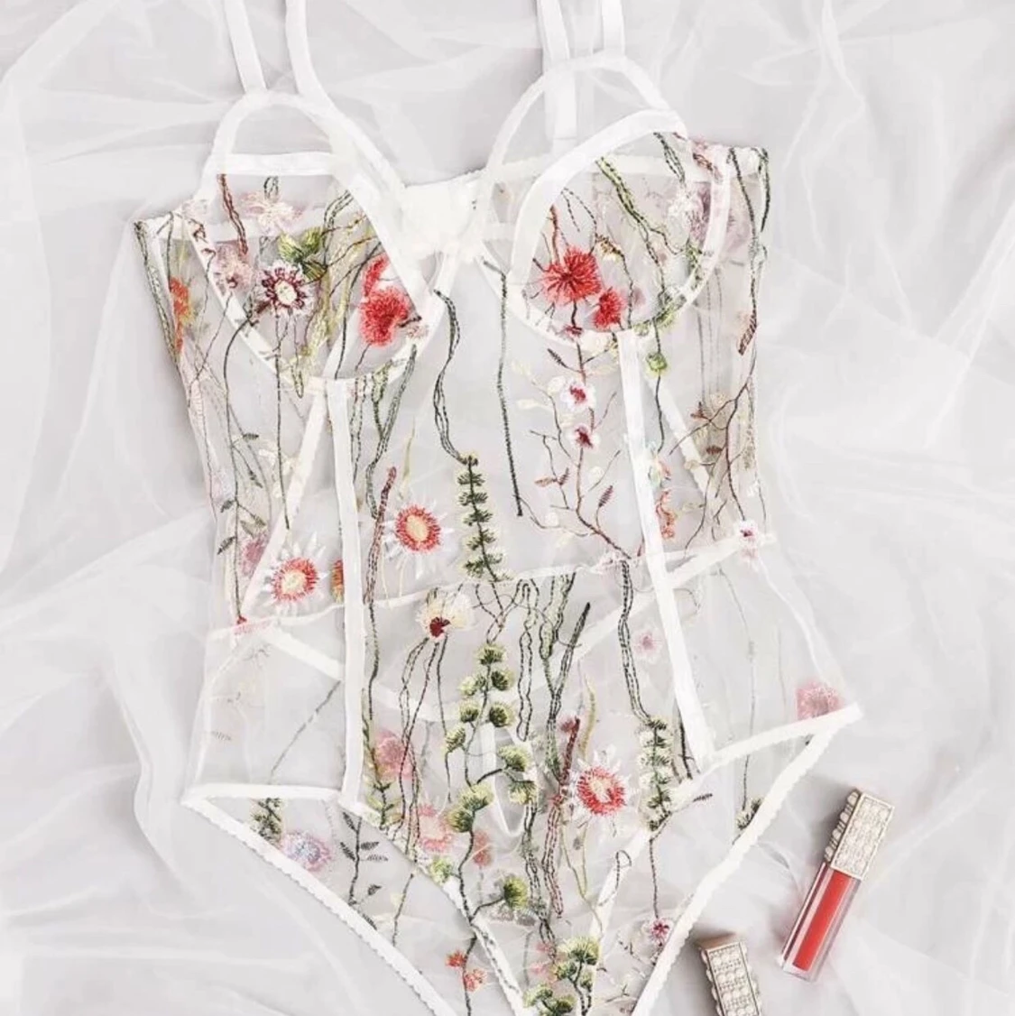 Floral Embroidered Mesh Underwire Teddy Bodysuit