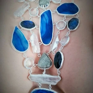 Hand made necklace from precious stones. - It’s made of Blue Agate, Labradorite, Pryite, Quartz and Crystal. The framme is pure silver.