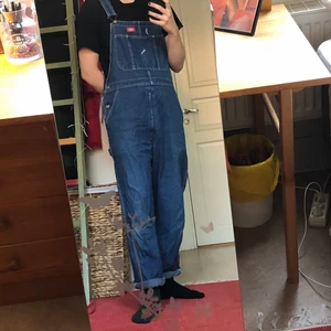 Dickies hängselbyxor  - Hängselbyxor från Dickies i jeanstyg. Har en fläck på fickan och några små på benet (kan skicka bild). säljes i befintligt skick. Står 38/30 i dom men jag skulle säga 34/32 typ men passar mig som har typ 30/30 i vanliga fall 