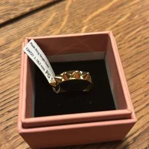 Guldfärgad ring med nitar - Säljer en snygg guldfärgad ring med coola nitar. Perfekt för att ge din outfit en snygg touch. Ringen kommer i en fin rosa ask och är i nytt skick. Passar perfekt för både vardag och fest!