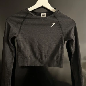 Svart croppad tröja från Gymshark - Säljer en svart croppad tröja från Gymshark i mycket bra skick. Perfekt för träning med sin tighta passform och långa ärmar. Materialet är mjukt och stretchigt, vilket gör den superbekväm att ha på sig. Den har en diskret logga på bröstet. Passar perfekt för höst och vår!
