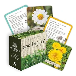 Apothecary Flashcards - These flashcards are a beautiful, informative set of 40 herbs and their healing properties.Herbalist, Nicola McIntosh, author of Plant Spirit Medicine, shares her knowledge of the herbs we can find every day to bring into our medicine cabinet. A great pocket reference explaining the actions of the herbs, what their medicinal uses are, and how you can use them at home.Packaged as a flashcard set consisting of 40 herbal cards with detailed, illustrated images on one side and symptom and conditions it can assist with on the other along with how to use them as a home remedy.Held together with a ring these flashcards are perfect to help get your herbal apothecary started from home, using the healing herbs that nature provides us.