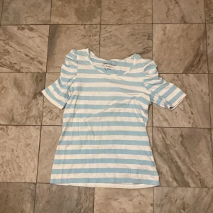Randig topp från KappAhl - Säljer en söt randig topp från KappAhl i ljusblått och vitt. Toppen har korta ärmar med en lätt puffig design och en rund halsringning. Perfekt för en avslappnad stil.