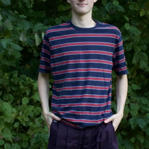 Randig t-shirt i blått och rött - Säljer en snygg randig t-shirt i blått och rött. Den har en normal passform och är kortärmad, perfekt för både vardag och avslappnade tillfällen. Materialet känns mjukt och bekvämt, troligen bomull. Passar bra till jeans eller shorts för en casual look.