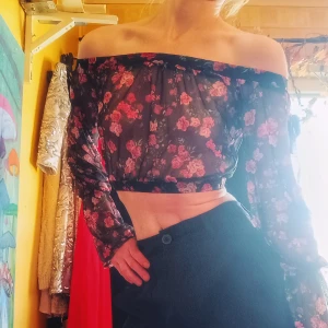 Blommig tröja i mesh - Säljer en superfin blommigmagtröja i mesh-material. Den har ett svart genomskinligt tyg med röda och rosa rosor över hela. Perfekt för en somrig fest eller en mysig vårdag. Tröjan har långa ärmar och en normal passform. Den är både söt och petit.