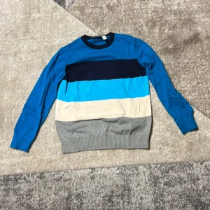 Randig tröja i blå och grå toner - Säljer en snygg randig tröja i olika blå och grå nyanser. Tröjan har långa ärmar och en rund halsringning. Perfekt för en avslappnad stil.