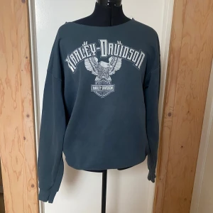  sweatshirt från Harley-Davidson - Säljer en smuts blå of shoulder sweatshirt från Harley-Davidson med tryck både fram och bak. Tröjan har långa ärmar och en avslappnad passform, perfekt för en casual look. Den är gjord i ett mjukt material som känns skönt mot huden.