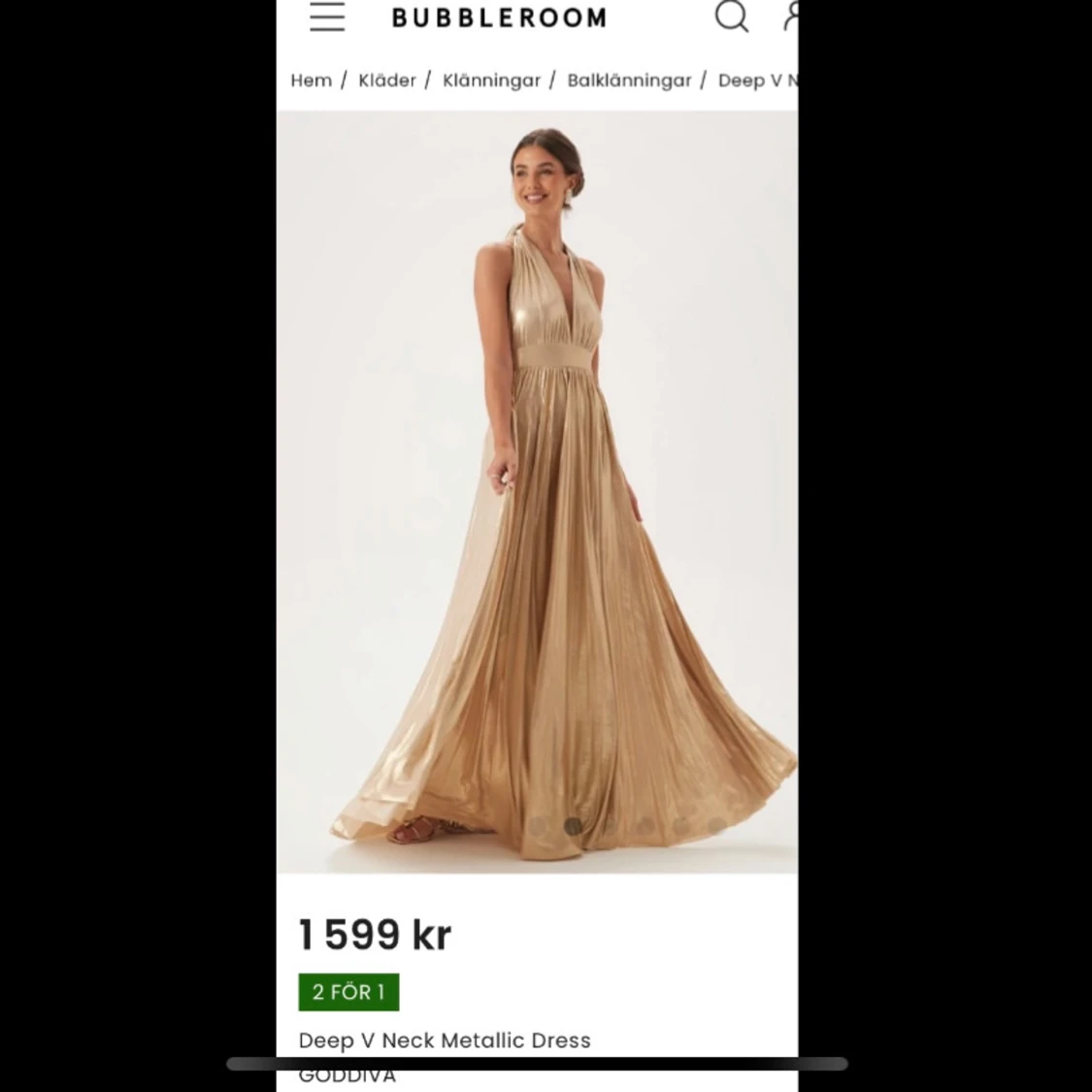 Guld metallic långklänning från Goddiva