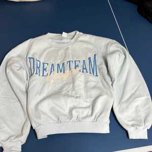 Ljusblå sweatshirt med tryck - Säljer en ljusblå sweatshirt med texten 'Dream Team League' i blått och vitt tryck