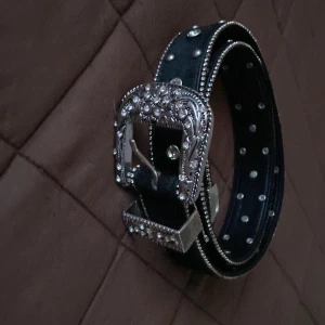 Svart bälte med dekorativa detaljer - Snyggt svart bälte med silverfärgad spänne och dekorativa nitar. Bältet har glittrande stenar längs kanterna och ett detaljerat mönster på spännet. Perfekt för att ge en extra touch till din outfit.
