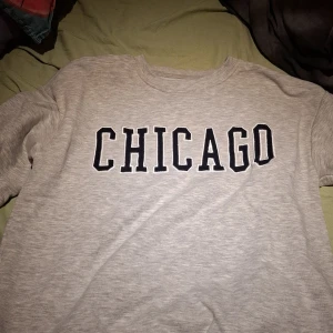 Grå sweatshirt med 'Chicago' tryck - Säljer en grå sweatshirt från märket 151 med texten 'Chicago' tryckt i svart på framsidan. Tröjan har långa ärmar och en rund halsringning. Perfekt för en avslappnad stil.