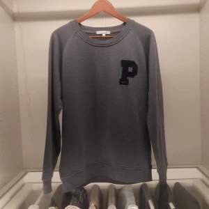 Grå sweatshirt från Panos Emporio - Säljer en stilren grå sweatshirt från Panos Emporio med ett stort svart 'P' på bröstet. Tröjan har långa ärmar och en klassisk rund halsringning. Perfekt för en avslappnad look.
