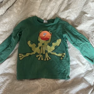 Grön långärmad tröja med grodmotiv från Lindex - Säljer en söt grön långärmad tröja från Lindex Kids med ett stort grodmotiv på framsidan. Perfekt för små äventyrare som älskar djur! 🐸på sista bilden syns små vita fläckar som jag tror ska gå bort i en tvätt 🥰☝🏼