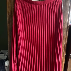 Röd plisserad kjol från H&M - Snygg röd plisserad kjol från H&M i storlek 42. Kjolen har en elegant plissering som ger ett stilrent och modernt intryck. Perfekt för att lyfta vilken outfit som helst. Jag har använt den som en låg midjad långskjol då jag har storlek S🖤