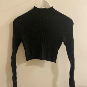 Svart ribbad croppad tröja - Säljer en svart ribbad tröja med croppad passform. Den har långa ärmar och en hög hals, perfekt för en stilren look. Skön och stretchig, så den sitter bekvämt hela dagen.