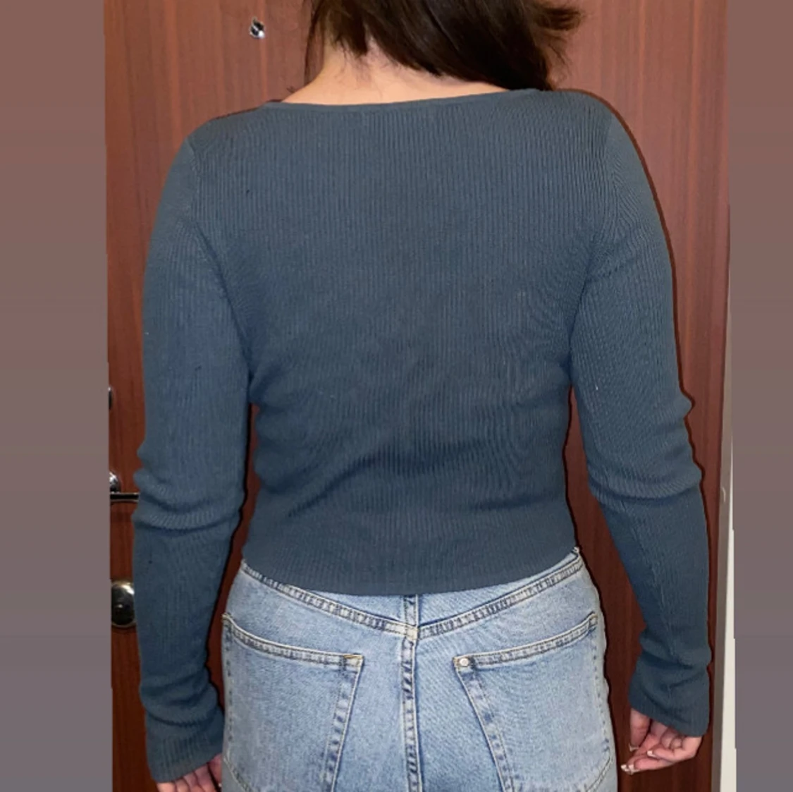 Mörkblå/grön/turkos ribbad kofta - 90