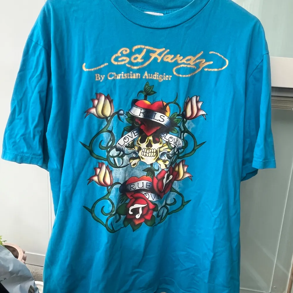 Blå oversized Ed Hardy t-shirt med tryck på fram- och baksidan. Den är i bra skick förutom att texten på framsidan är lite sprucken (syns på bild 3). . T-shirts.