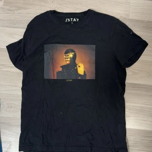 Svart t-shirt från /STAY - Säljer en svart t-shirt från /STAY i storlek S. Den har ett coolt tryck på framsidan med en person i en futuristisk stil. Perfekt för en avslappnad look eller en utekväll. T-shirten är i bra skick och gjord av mjukt material.