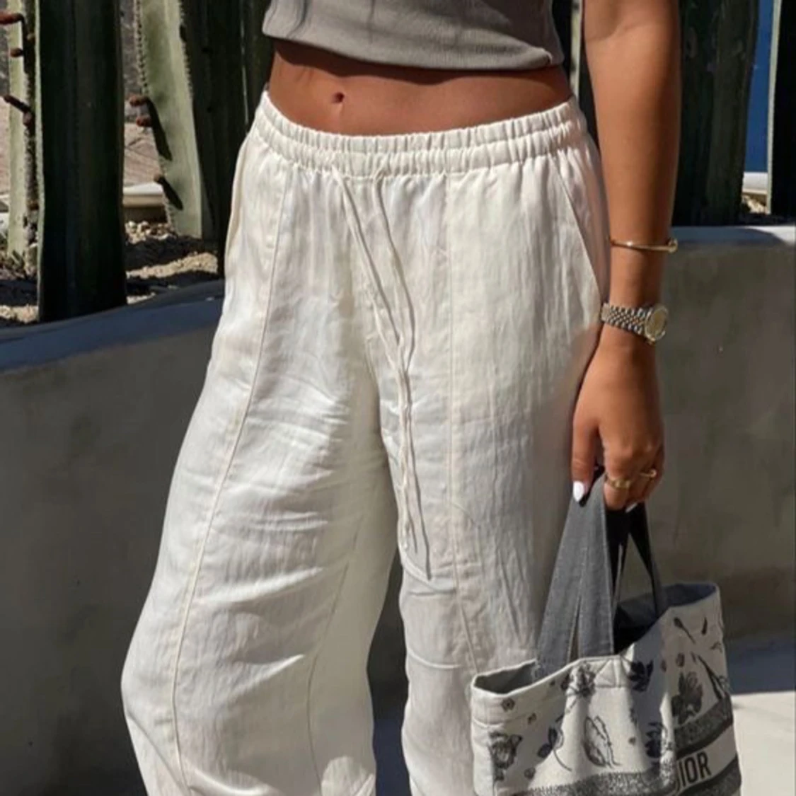 Vita linnebyxor med resårmidja - 91