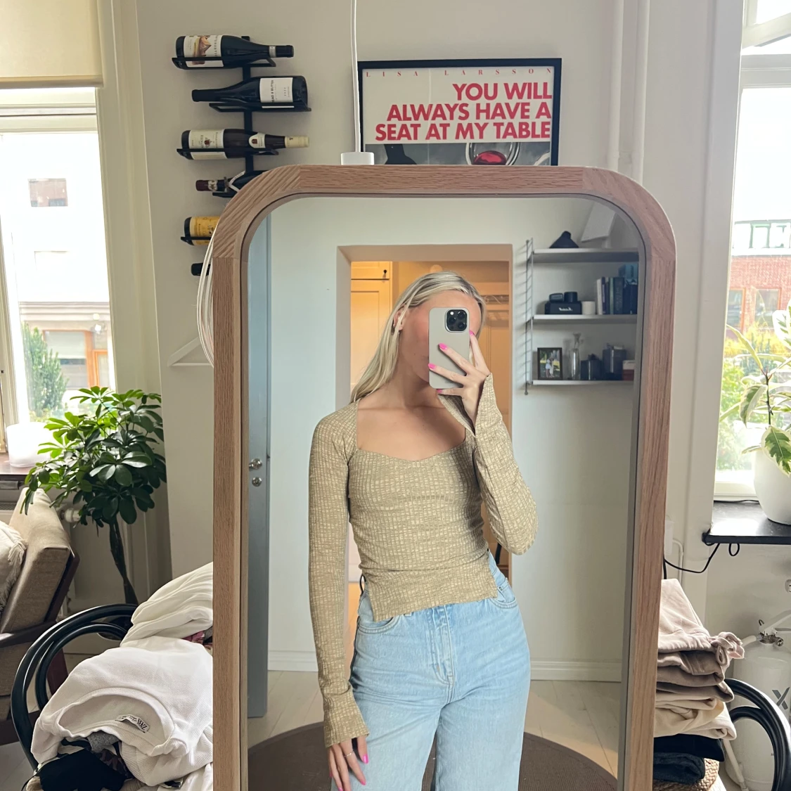 Beige ribbad långärmad topp - 90