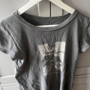 Grå t-shirt med tryck - Säljer en grå t-shirt med ett coolt tryck på framsidan. T-shirten har en rund hals och korta ärmar,  tröjan är från brandy så det är one size 
