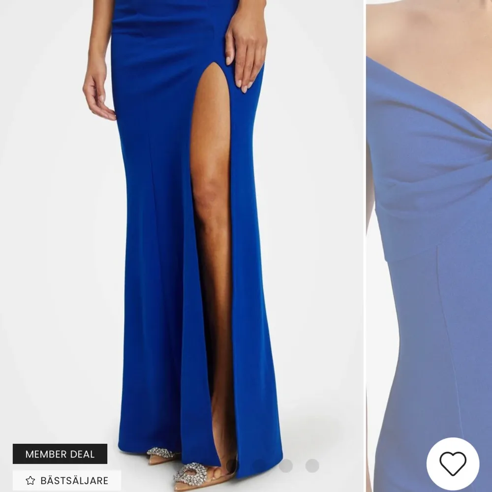 Elegant blå långklänning med offshoulder-design och en snygg twistdetalj framtill. Klänningen har en hög slits som ger en sofistikerad touch. Perfekt för speciella tillfällen. Använd endast en gång så hel och ren. Priset kan diskuteras 😁. Mekot.