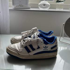 Säljer ett par klassiska Adidas sneakers i vitt och blått. De har snörning och kardborreband för extra stöd. Skorna är i acceptabelt skick med synligt slitage på insidan. Väl använda men har inte använts på 2 år. Genom en tvättning och nya skosnören ser dem ett snep nyare ut på utsidan. 