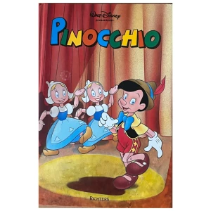 Pinocchio - Denna bok är en utgåva av Walt Disneys klassiska berättelse om Pinocchio, utgiven av Richters. Omslaget visar Pinocchio och två dockor på en scen med röda draperier i bakgrunden. Titeln är färgglad och i stora bokstäver.