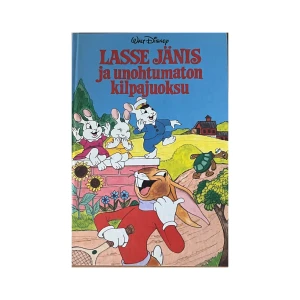 Lasse Jänis ja unohtumaton kilpajuoksu - En färgglad barnbok från Walt Disney med titeln 'Lasse Jänis ja unohtumaton kilpajuoksu'. Omslaget visar glada kaniner i en livlig landskapsmiljö. Perfekt för unga läsare som älskar äventyr och djur.
