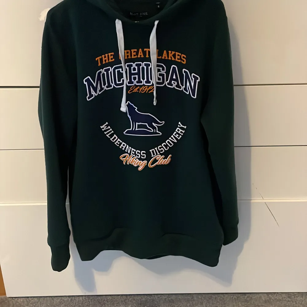 Säljer en snygg mörkgrön hoodie från Brave Soul. Den har en cool text på framsidan och en klassisk känguruficka. Perfekt för höst och vinter när du vill hålla dig varm och bekväm. Passar både till vardags och chillkvällar. 🐻. Tröjor & Koftor.