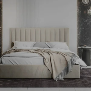 Beige säng med förvaring  - Elegant beige säng med hög, vadderad huvudgavel och praktisk förvaring under madrassen. Perfekt för att spara plats och hålla sovrummet organiserat. Stilren design som passar i de flesta inredningar.