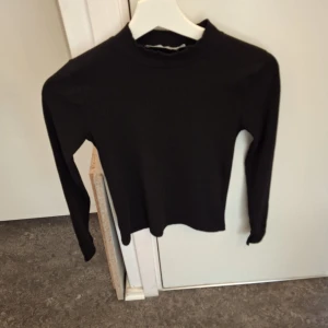 Svart ribbad polotröja - Säljer en stilren svart ribbad polotröja med långa ärmar. Perfekt för kyligare dagar och enkel att matcha med olika outfits. Tröjan har en klassisk design med en hög krage.