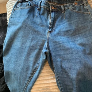 Blå jeans med normal passform - Säljer ett par klassiska blå jeans med normal passform och raka ben. Jeansen har fem fickor, bälteshällor och stängs med dragkedja och knapp. Perfekta till vardags och enkla att matcha med olika stilar.