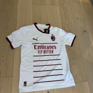 AC Milan vit bortatröja Puma - AC Milan bortatröja i vitt med röda och svarta detaljer. Tröjan har korta ärmar, rund halsringning och tunna horisontella röda linjer på framsidan. Puma-logga och klubbmärke på bröstet, samt sponsortryck. Tillverkad i lätt och ventilerande material.