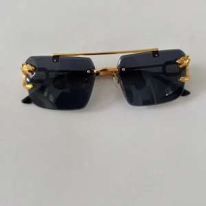 Svarta solglasögon med lejon figurer på sidan  - Unika solglasögon med rektangulära svarta glas och lyxiga guldfärgade detaljer, inklusive dekorativa guldfärgade ormar på bågarna. Glasögonen har en tunn guldfärgad metallram och en modern design som sticker ut.                             !!Priset kan diskuteras!!      Glasögonen kommer i flera olika färger