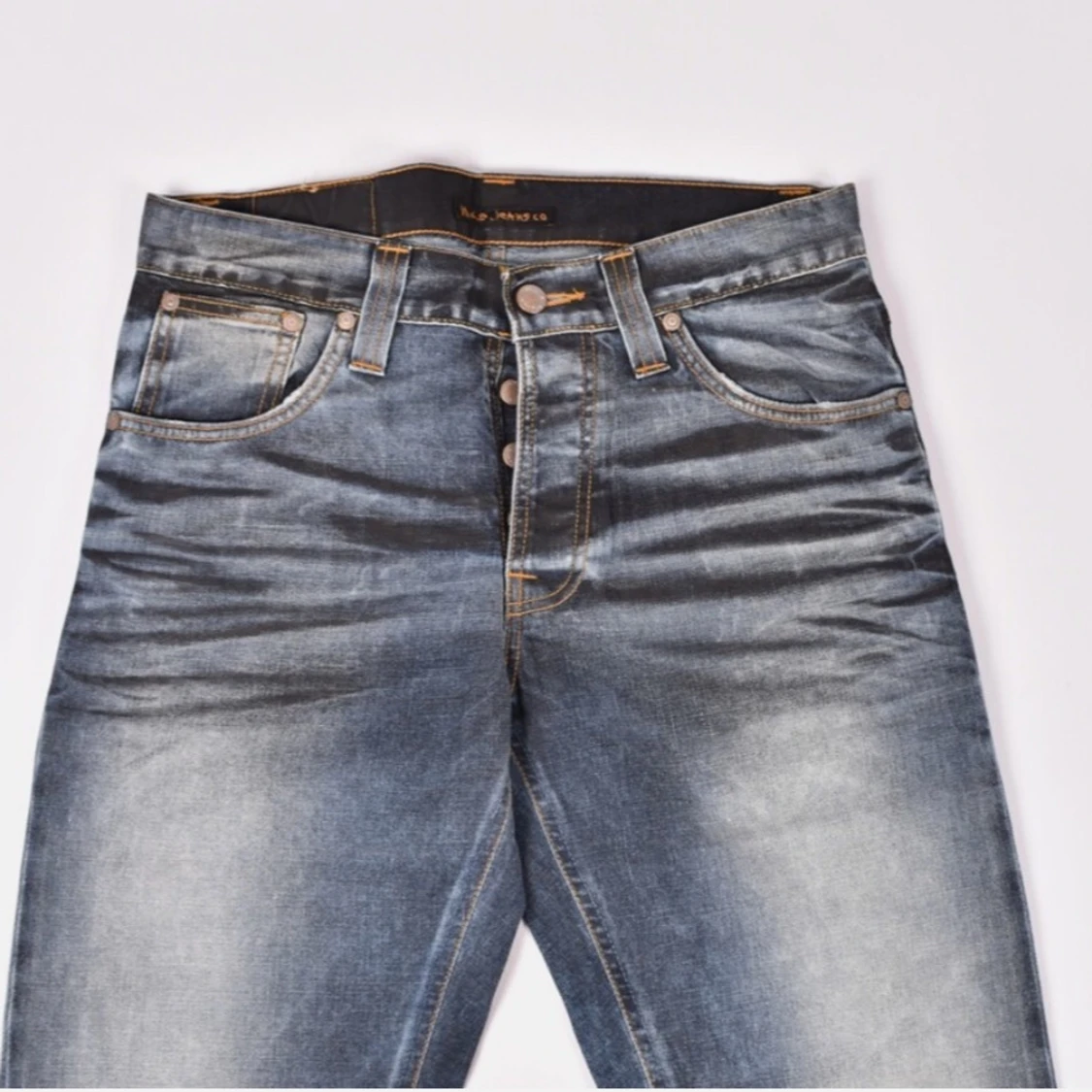 Blå slim raka jeansbyxor med knappar - 3