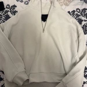 Vit halvzip sweatshirt från 157 - Säljer en stilren vit sweatshirt från 157 med halv dragkedja och hög krage. Tröjan har långa ärmar och breda muddar vid ärmslut och nederkant. Perfekt för en avslappnad och trendig look.