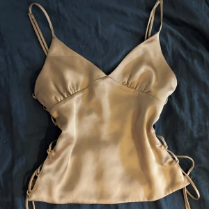 Champagnefärgad satin linnetopp från Zara - Säljer en champagnefärgad linnetopp i satin med smala axelband och v-ringning. Toppen har snygg snörning i sidorna som ger en unik look och sitter figurnära. Perfekt för dig som vill sticka ut med en stilren och trendig topp. Aldrig använd 