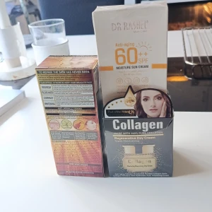 Dr Rashel solkräm & Golden Snail serum - Paket med Dr Rashel Anti-aging solkräm SPF 60+ och Golden Snail Facial Serum med Q10 och hyaluronsyra. Inkluderar även Collagen Regenerative Day Cream. Perfekt för dig som vill ha återfuktad, skyddad och spänstig hud. Produkterna är i snygga guld- och silverfärgade förpackningar.