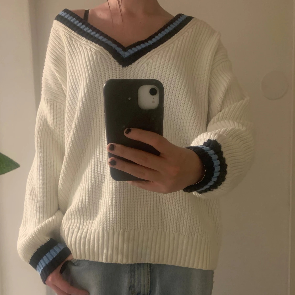 Vit stickad offshoulder tröja y2k baggy opium - 3