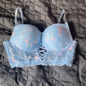 Blå blommig korsett med spets - Supersöt ljusblå korsett med broderade rosa och vita blommor, spetskant och snörning framtill. Axelbanden är justerbara och baksidan har hyskknäppning. Perfekt för dig som gillar romantiska detaljer och pastelliga vibes. Finns en fläck vid knäppningen 